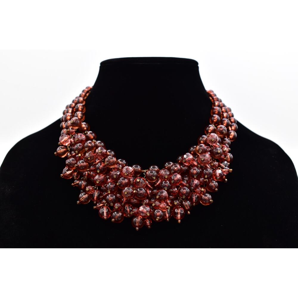 Yosca Vintage Amber Lucite Bead Cluster Statement Necklace Bib Signed 80s Bin3B